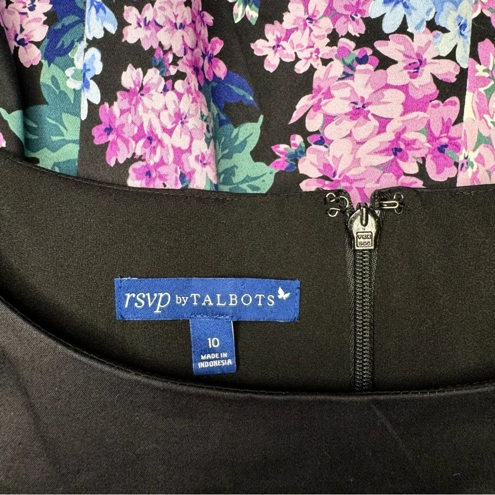 Talbots Floral Sateen Fit & Flare Dress Black Purple Blue White Flowers Size 10 - Picture 9 of 10